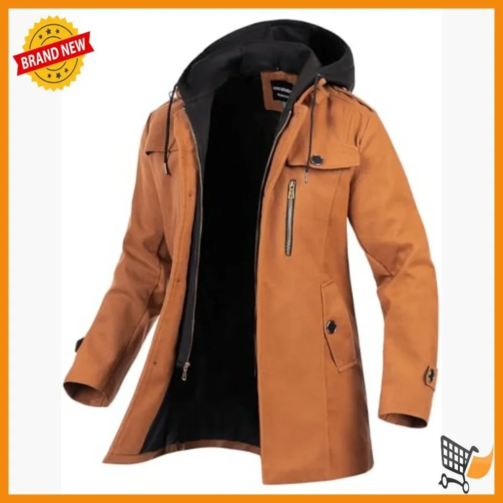 Men's Wool Blend Pea Coat with Detachable Hood, Windproof Overcoat
